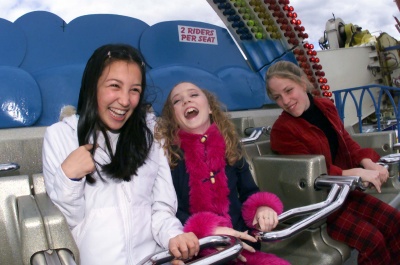 Nikki Webster, 14, with her friends and dancers Kaylie Yee, 13, and Natalie Fenlon, 13, testing the rainbow ride at the show. Photo by Campbell Brodie.
Keywords: kaylie_yee natalie_fenlon